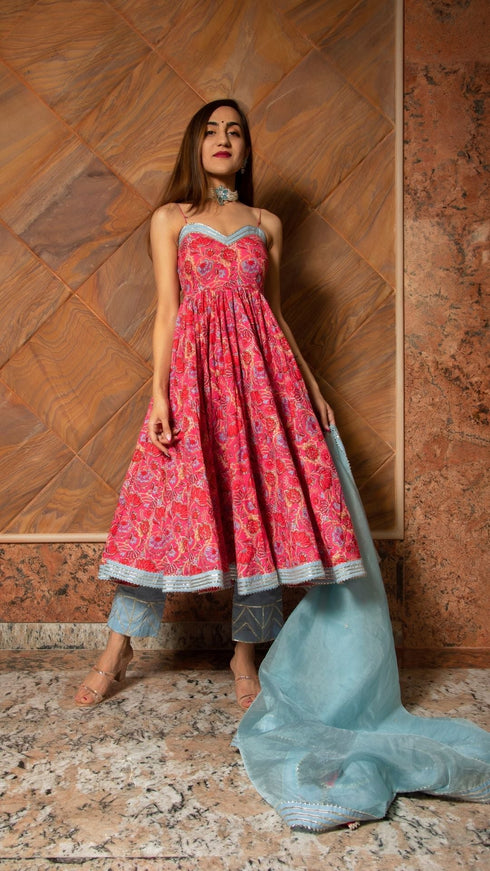 Pomcha Jaipur Adhya Floral Hand Block Pure Cotton Anarkali Set